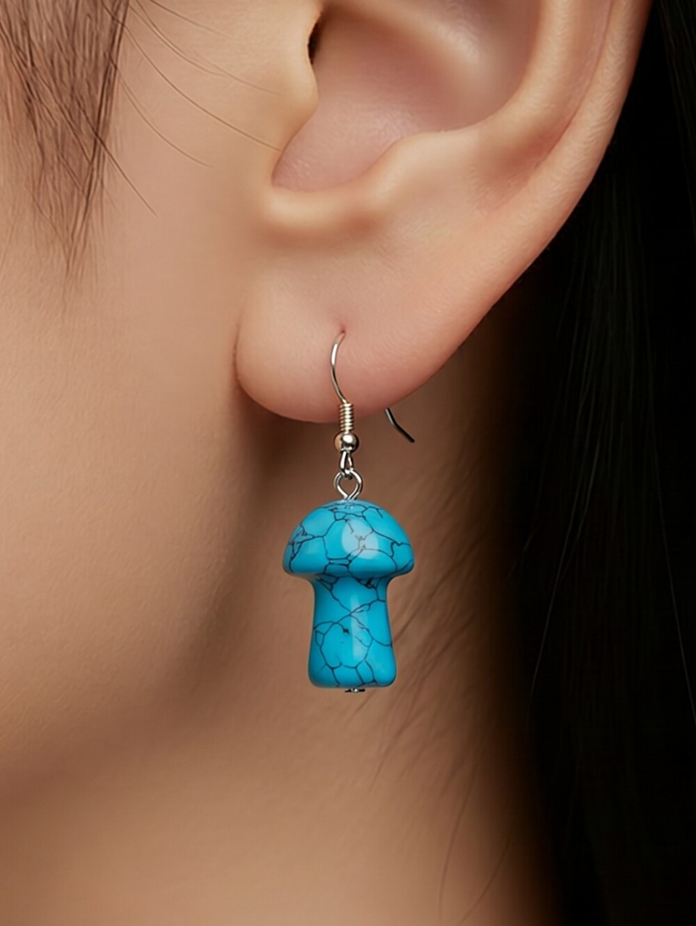 Turquoise Howlite Mushroom Earrings Natural Stone Dangle Stainless Steel Boho